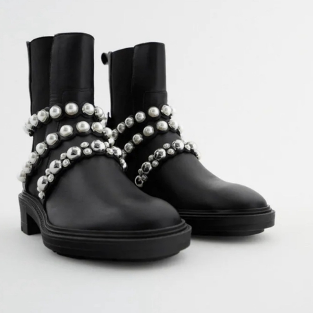 Zara Black Pearl Low Ankle Boots Size 36